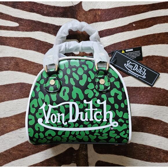 New Von Dutch Lime Cheetah Bowling Bag with Crossbody Strap - Picture 1 of 7